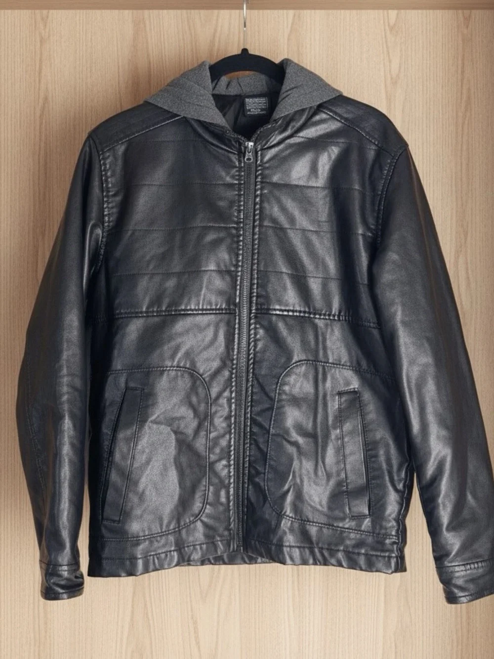 Ring of Fire Men's Faux Leather Hooded Jacket Black Size S Excellent Condition